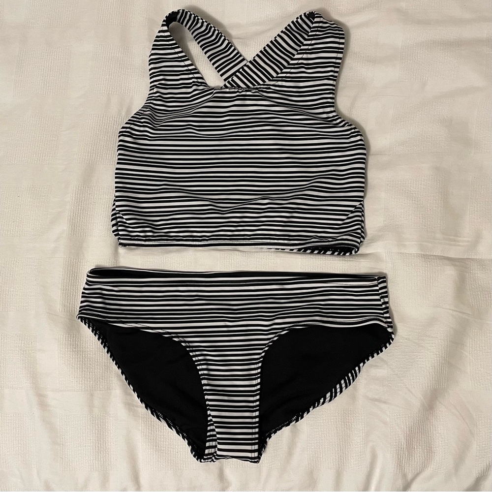 Albion Fit Channel Stripe Game Changer Swim Crop and Hipster Bottoms Bikini set